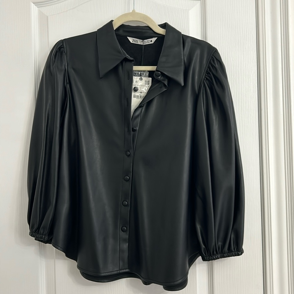 NWT Zara Faux Leather Black Button Down Top, Cinched Cuffs Size L